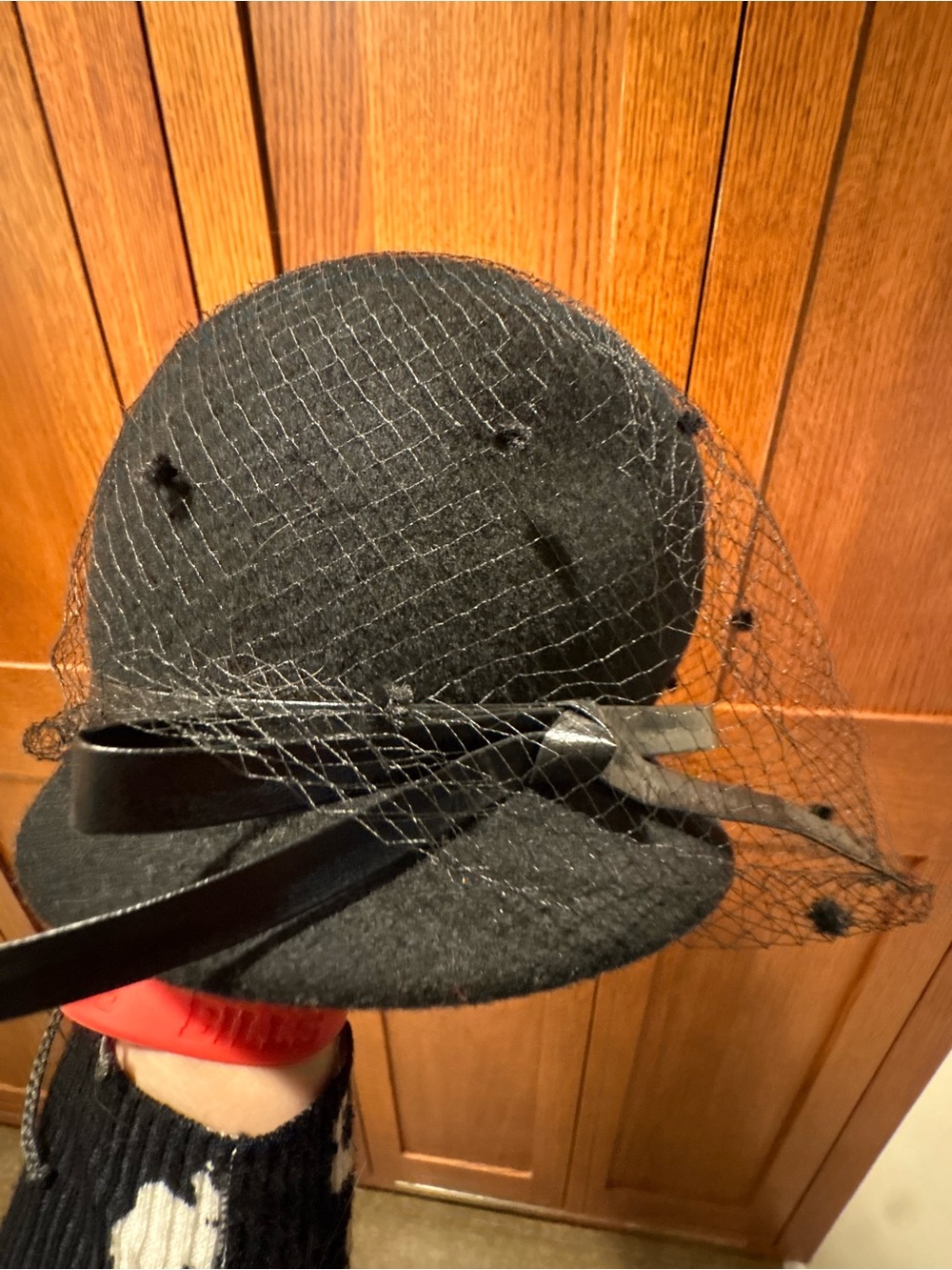 Vintage Ritz Wool Felt Hat Black Fishnet Leather Bow Medium